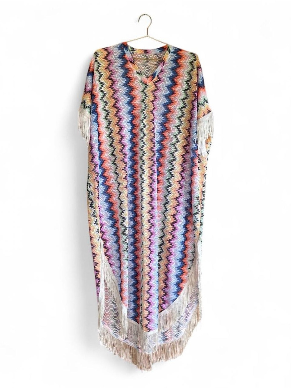 Vintage Rainbow Zigzag Crochet Fringe Dress – Boho Sheer Knit Festival Cover Up